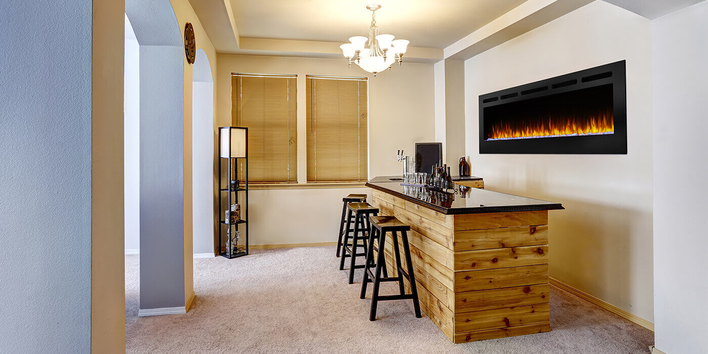 A contemporary home with a bar area featuring a linear electric fireplace