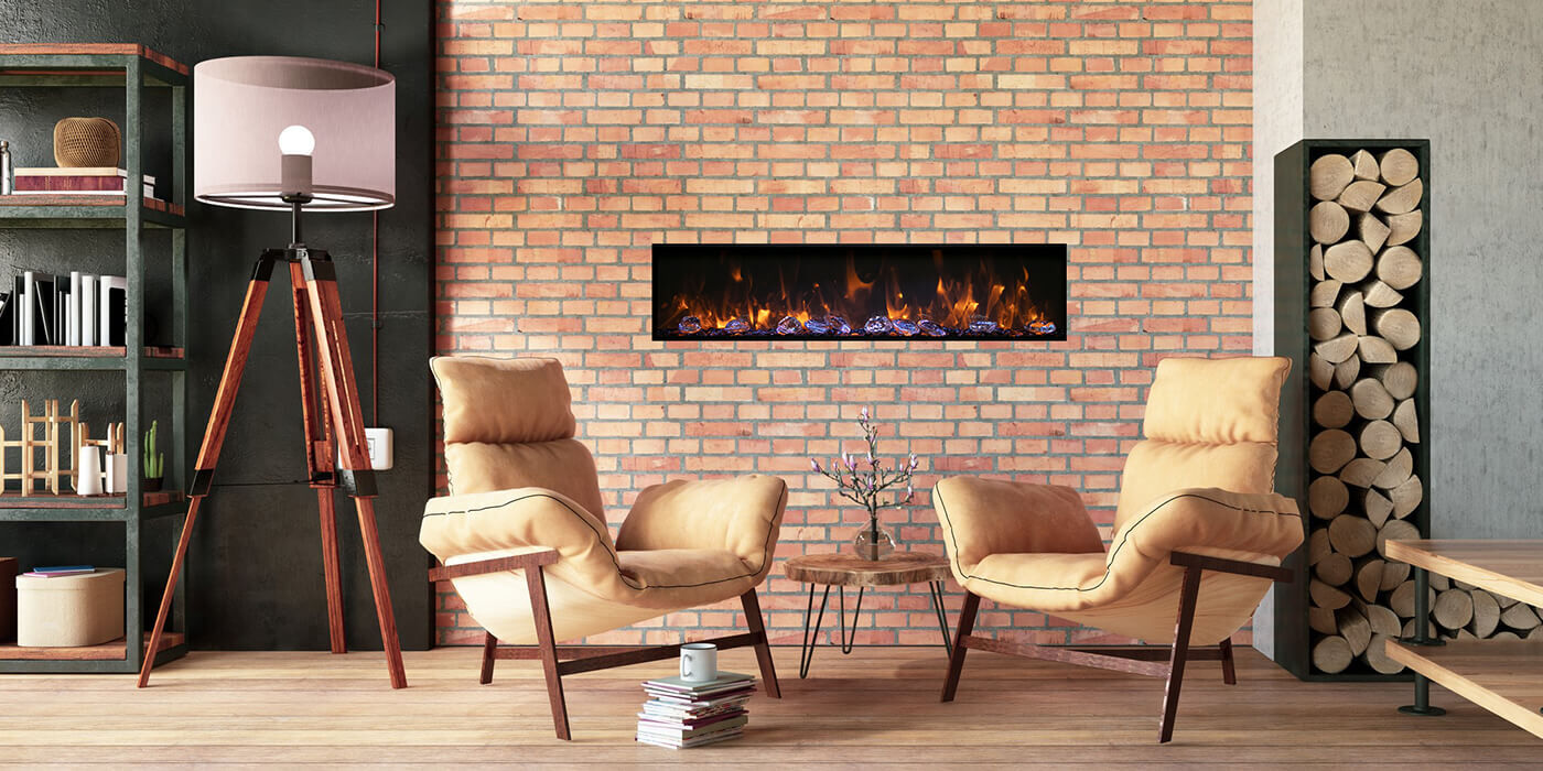 A contemporary apartment space with a sitting area and a linear electric fireplace