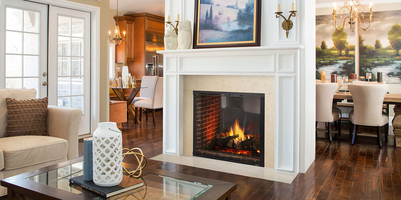 A square shaped see-through gas fireplace dividing a living room and dining room