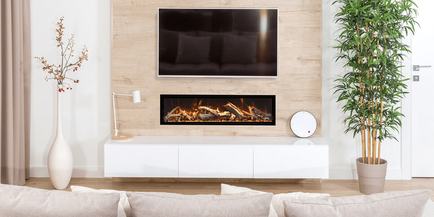 A contemporary linear electric fireplace in a modern space