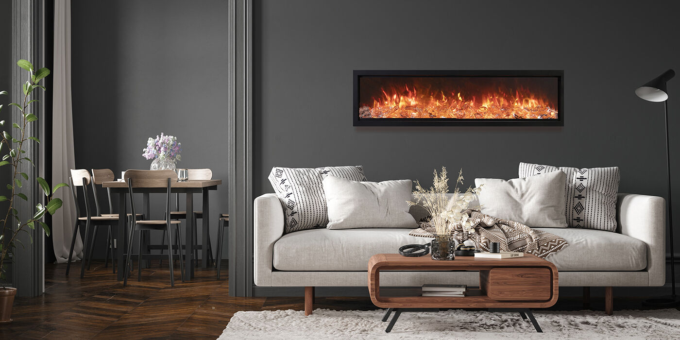 A contemporary indoor living room with a large, linear gas fireplace 