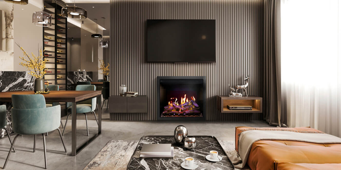 A modern-industrial living space with a square-shaped, lifelike electric fireplace installed under a flatscreen TV