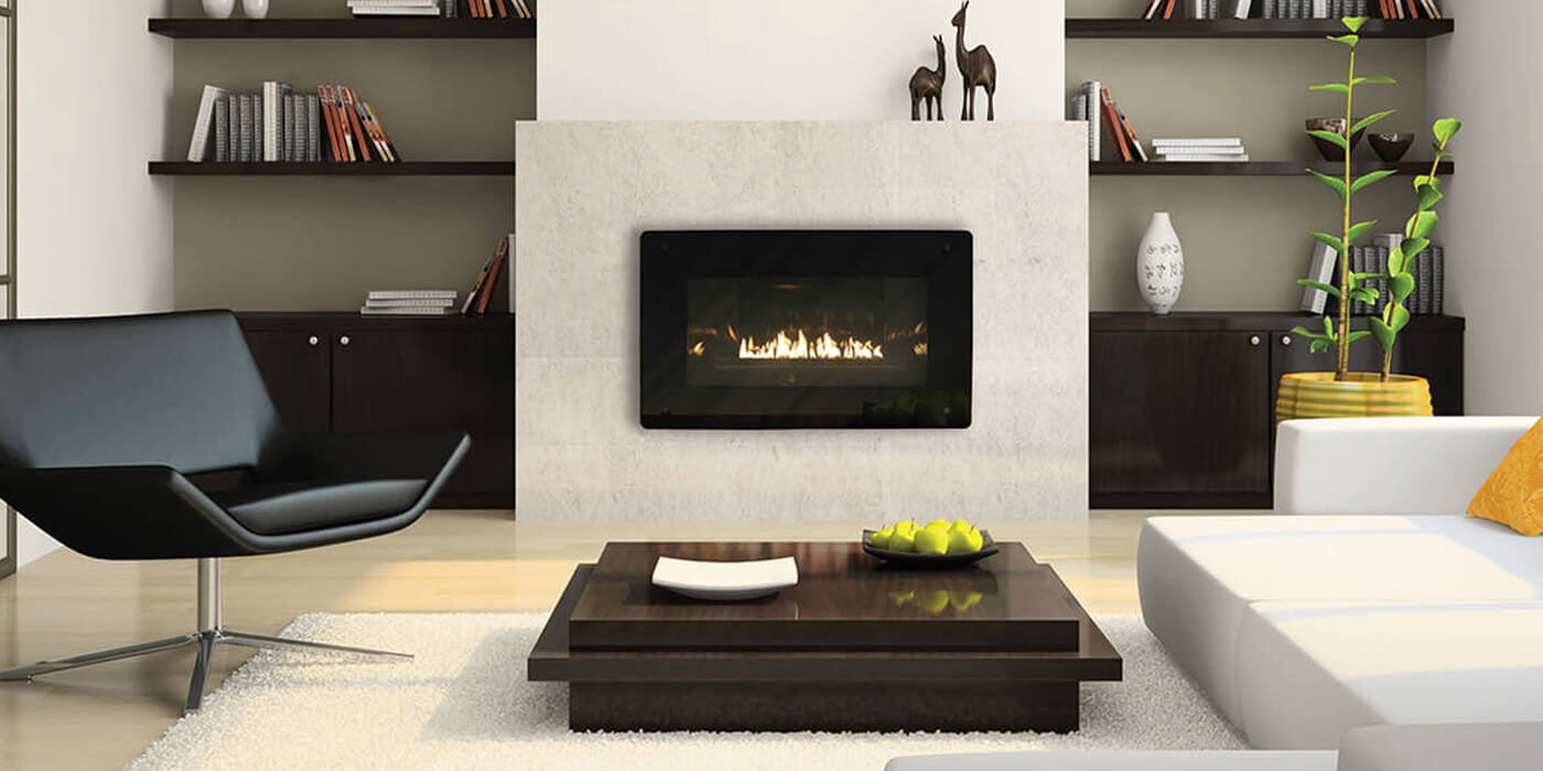 A modern styled living room with a linear gas fireplace