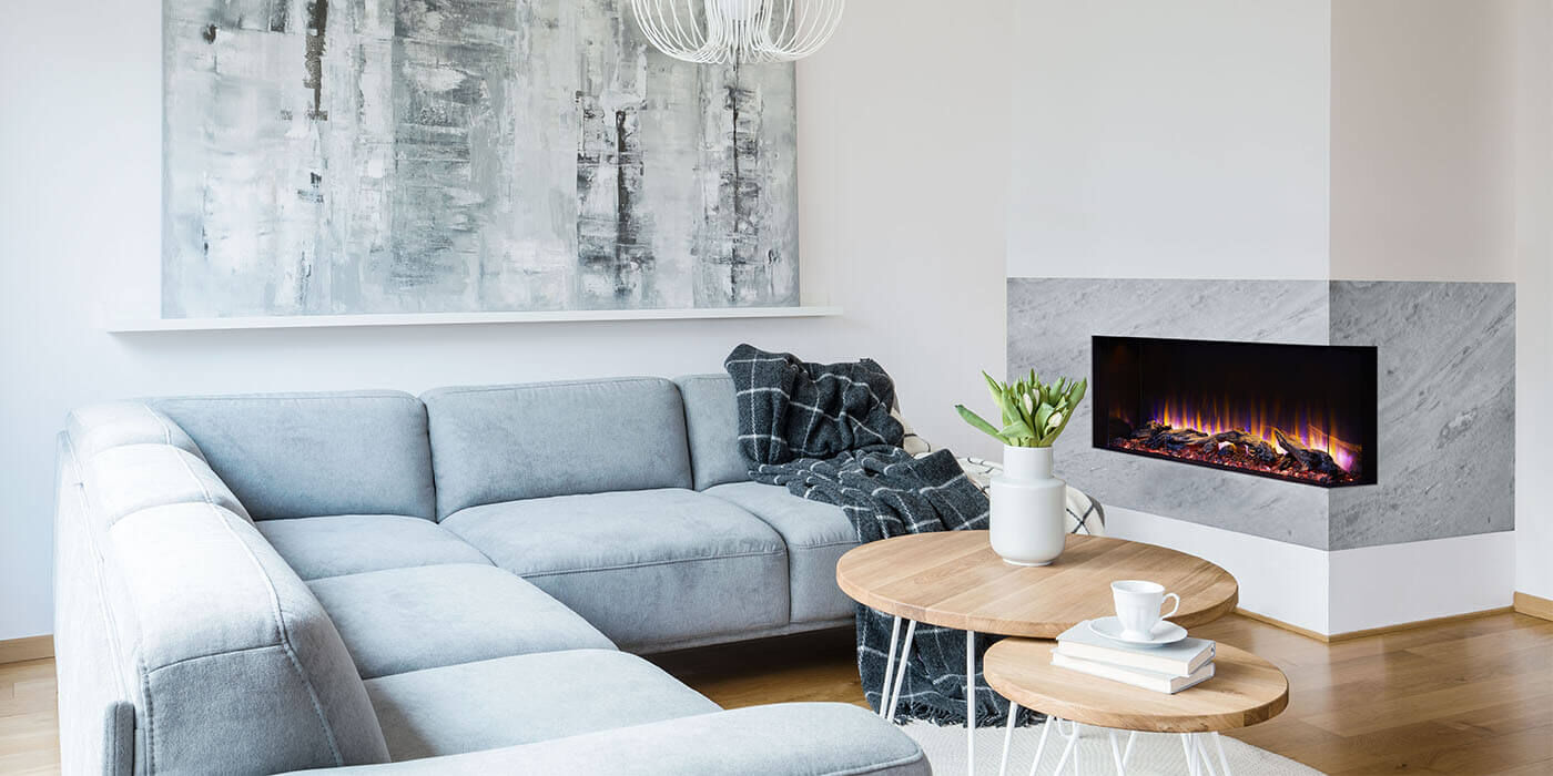 A contemporary living room with a multi-sided electric fireplace by Simplifire