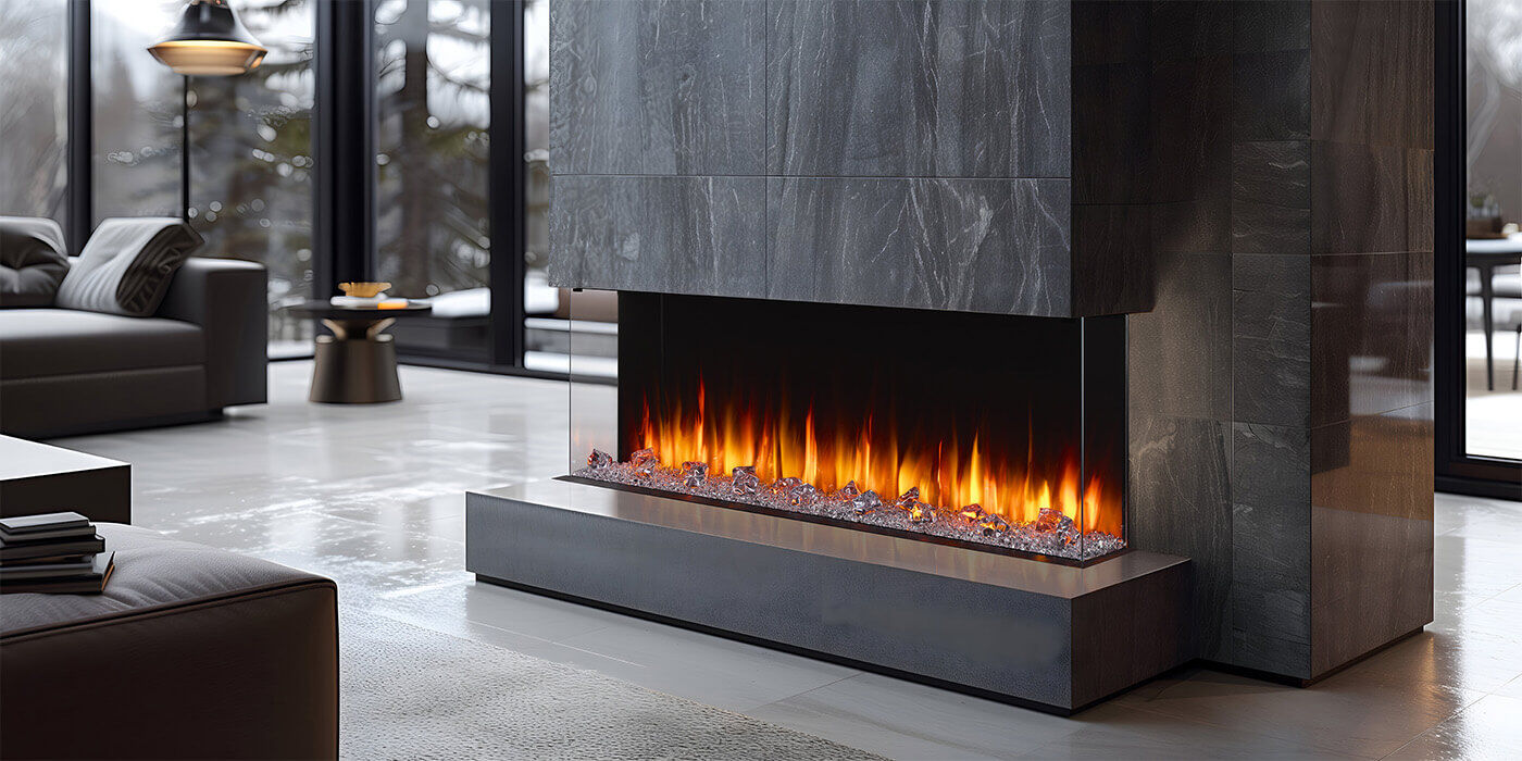 A three-sided Simplifire electric fireplace custom-built into a luxurious, modern home