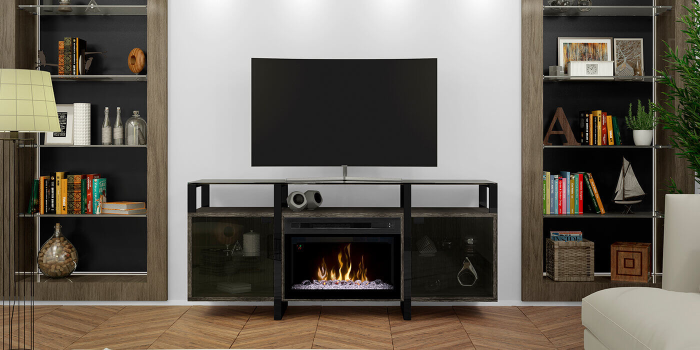A classic, square-shaped electric fireplace built into an entertainment/TV stand