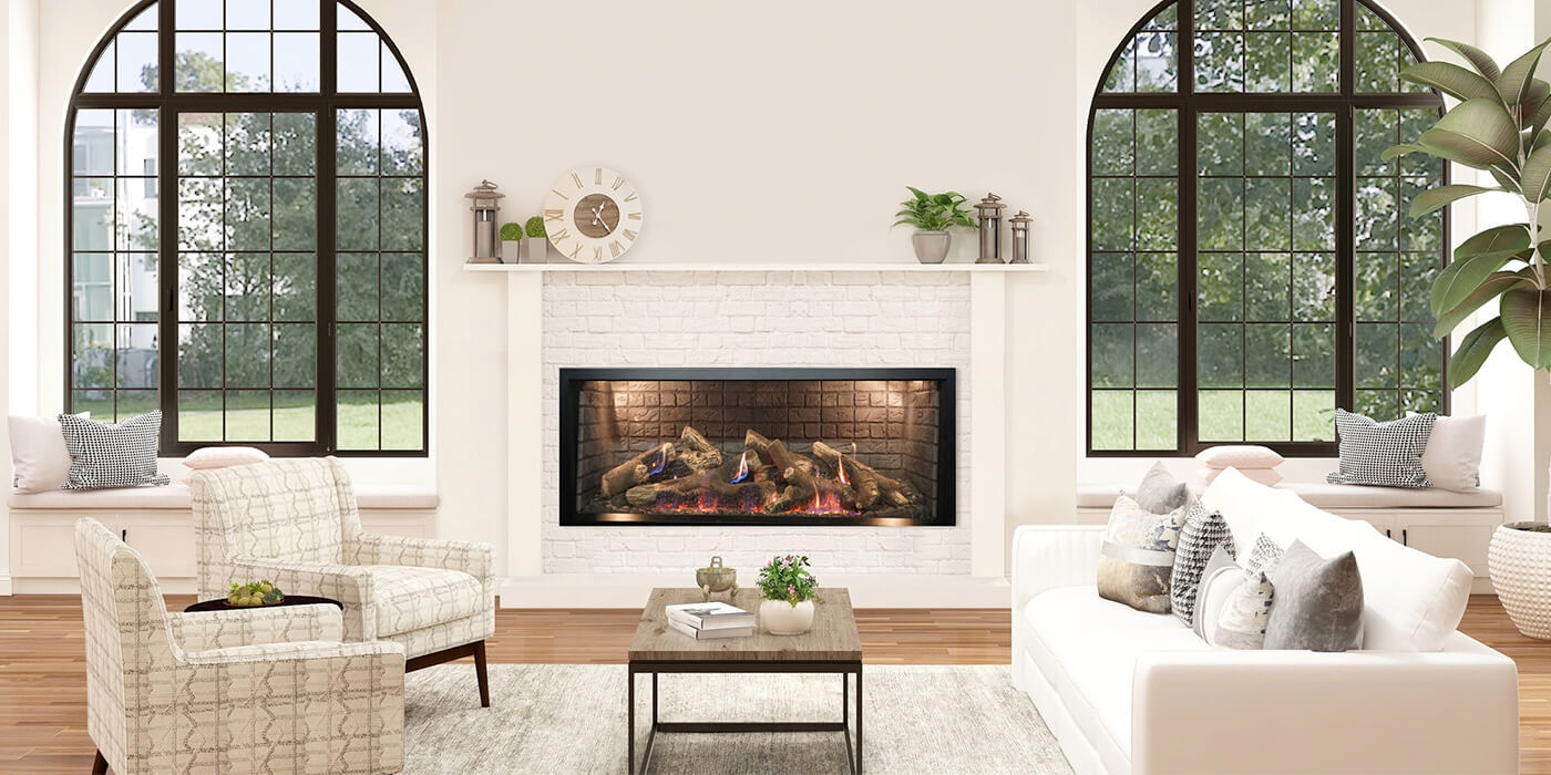 A modern living room with a linear gas fireplace and a small white mantel installed above