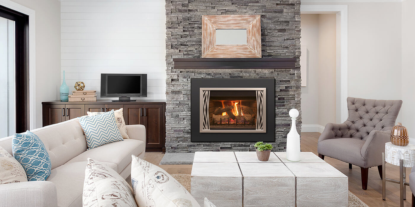 A contemporary living room with a classic square fireplace and a realistic Vented gas log set
