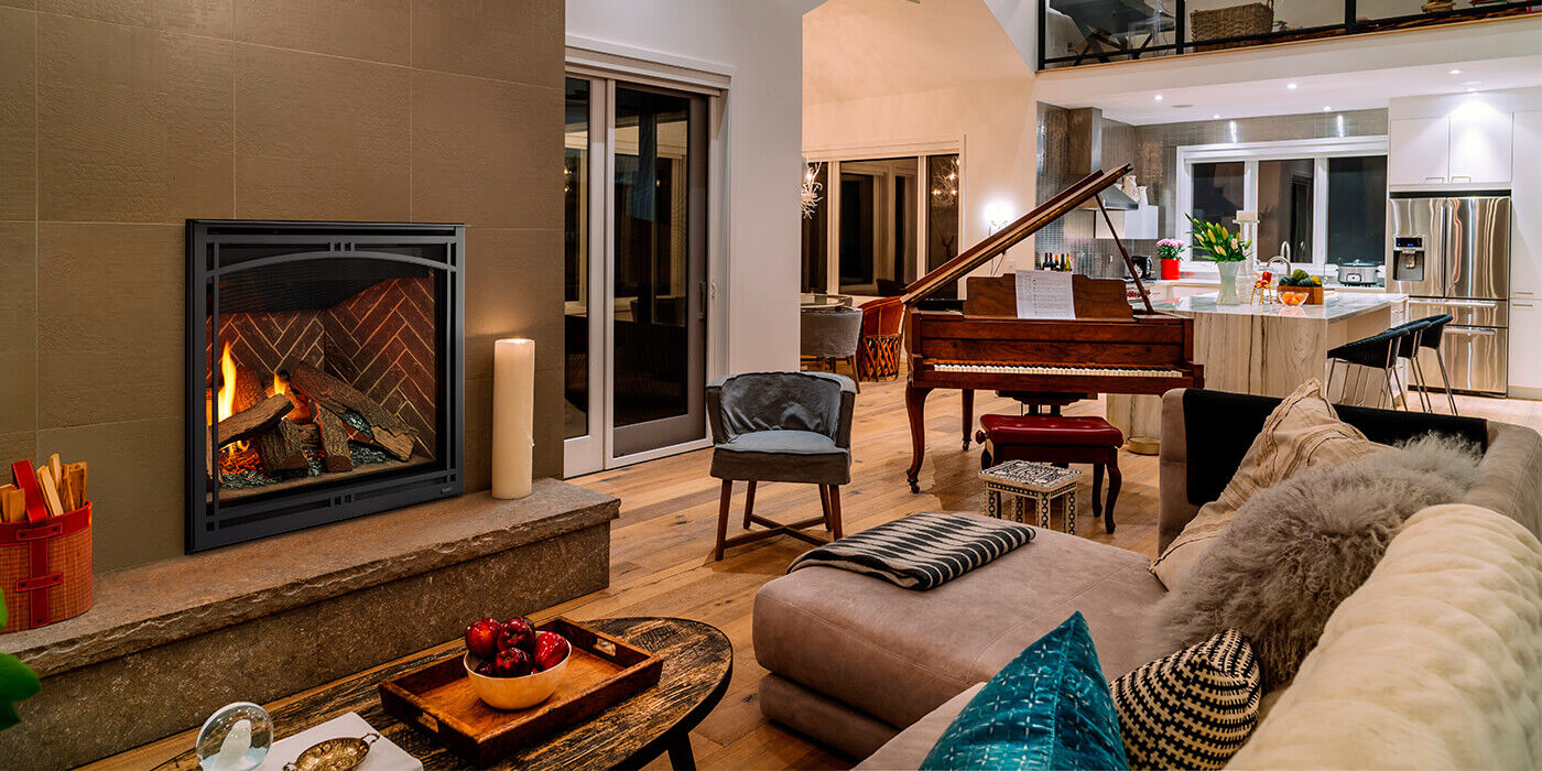 A cozy, traditional living room space with a classic-looking, square shaped gas fireplace