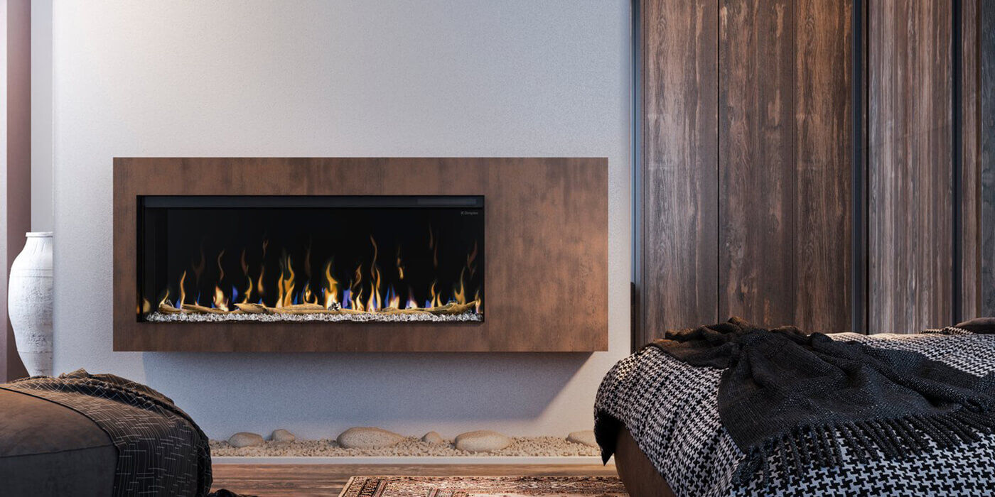 A contemporary linear gas fireplace from Montigo