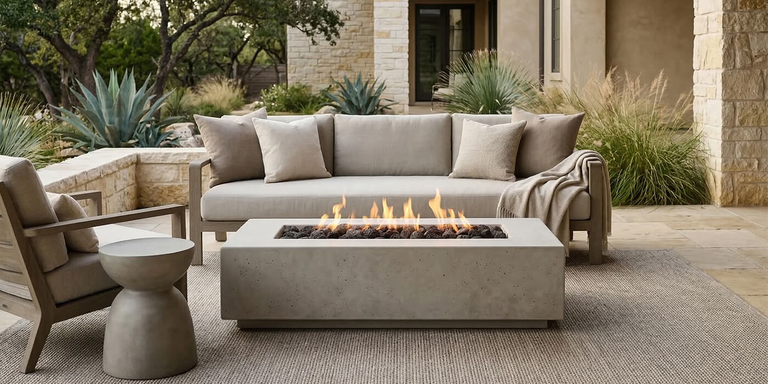 An image of a modern outdoor living space, featuring a three-seater wooden-framed sofa with grey cushions and throw pillows, an armchair, and a concrete fire table with a lit fire pit. A textured grey rug covers the stone patio floor, and large agave plants and decorative grasses are arranged in the background against a textured stone house wall.